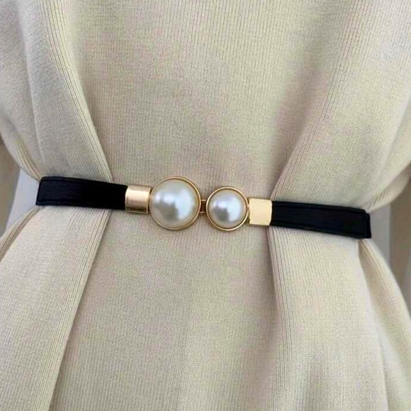 Skinny Stretch Black Pearl Belt For Blouses & Dress - Picture 1 of 3